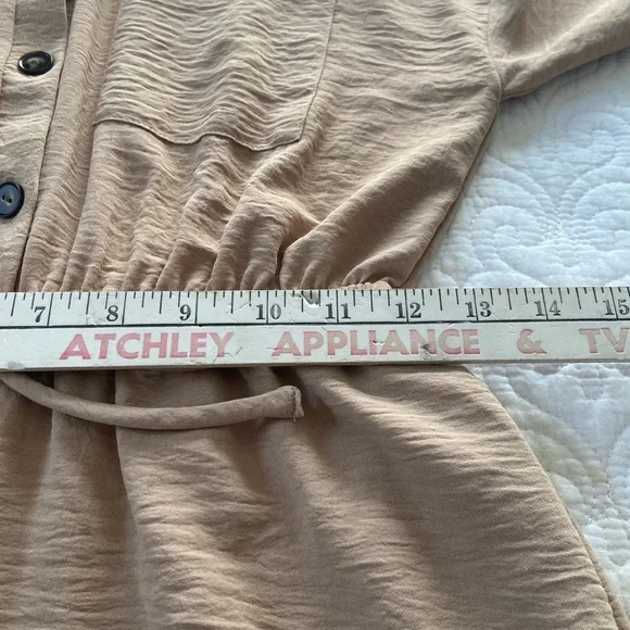 Monteau Crinkle Shirt Dress Tan Knee Length Roll Tab 3/4 Sleeves Size Small - Picture 13 of 14